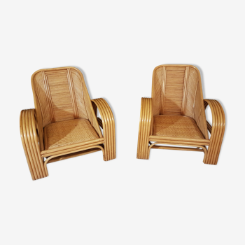 Pair of rattan and bamboo armchairs 1960