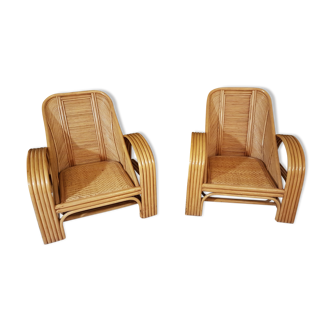 Pair of rattan and bamboo armchairs 1960