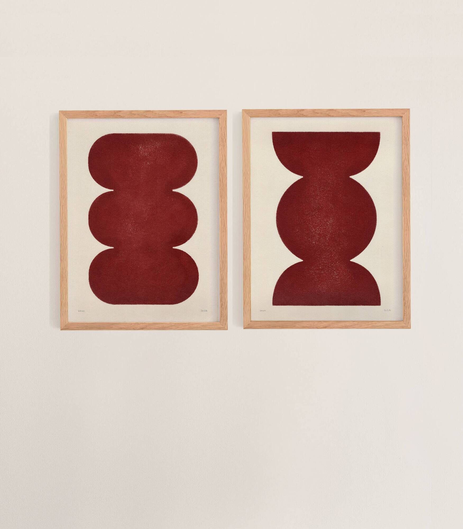 Duo of abstract paintings in burgundy on paper signed Eawy.