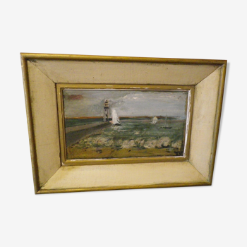 Old painting with its frame, signed jcc, port scene with lighthouse