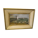 Tableau ancien avec son encadrement, signé jcc,  scène portuaire avec phare