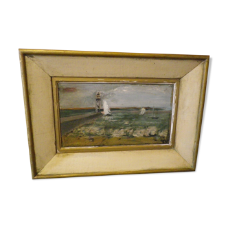 Old painting with its frame, signed jcc, port scene with lighthouse