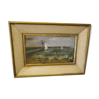 Tableau ancien avec son encadrement, signé jcc,  scène portuaire avec phare