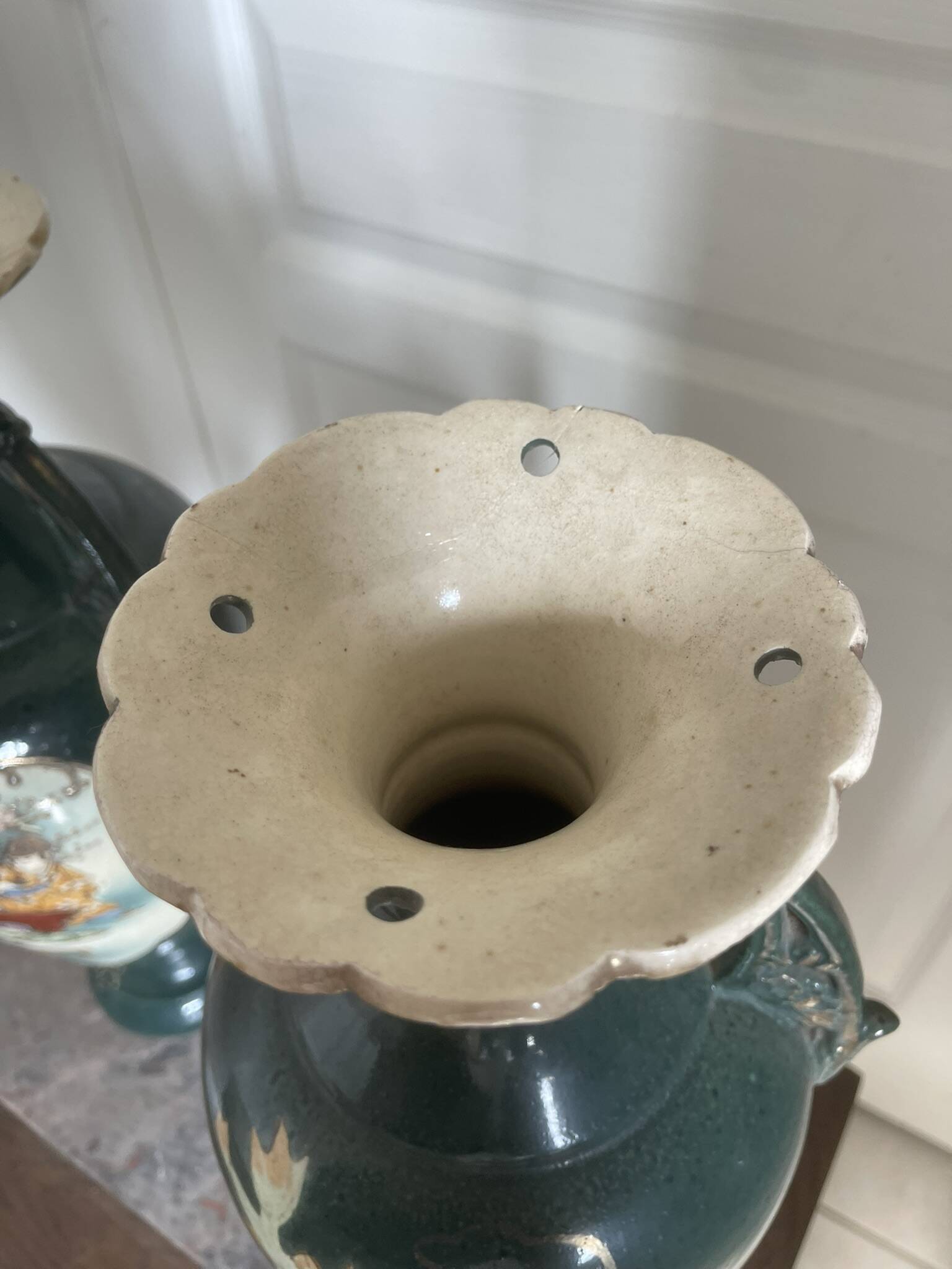 Antique Pair of Japanese Green Moriage Vases Baluster Amphora Flowers Restored