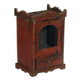 Massive Indian red display case, patinated bedside and original piece of teak wood