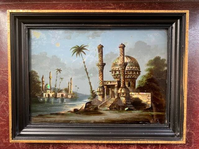 19th century painting, painting under glass and mother-of-pearl, oriental scene, signed GA
