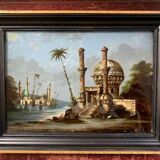 Tableau du 19e siècle, peinture sous verre et nacre, scène orientale, signé G.A