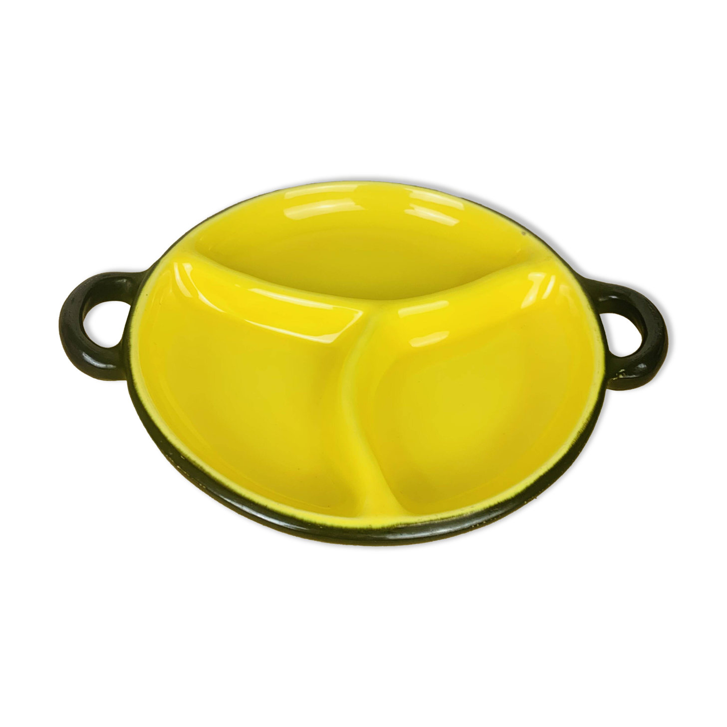 Round ceramic dish from the 50s, black and yellow