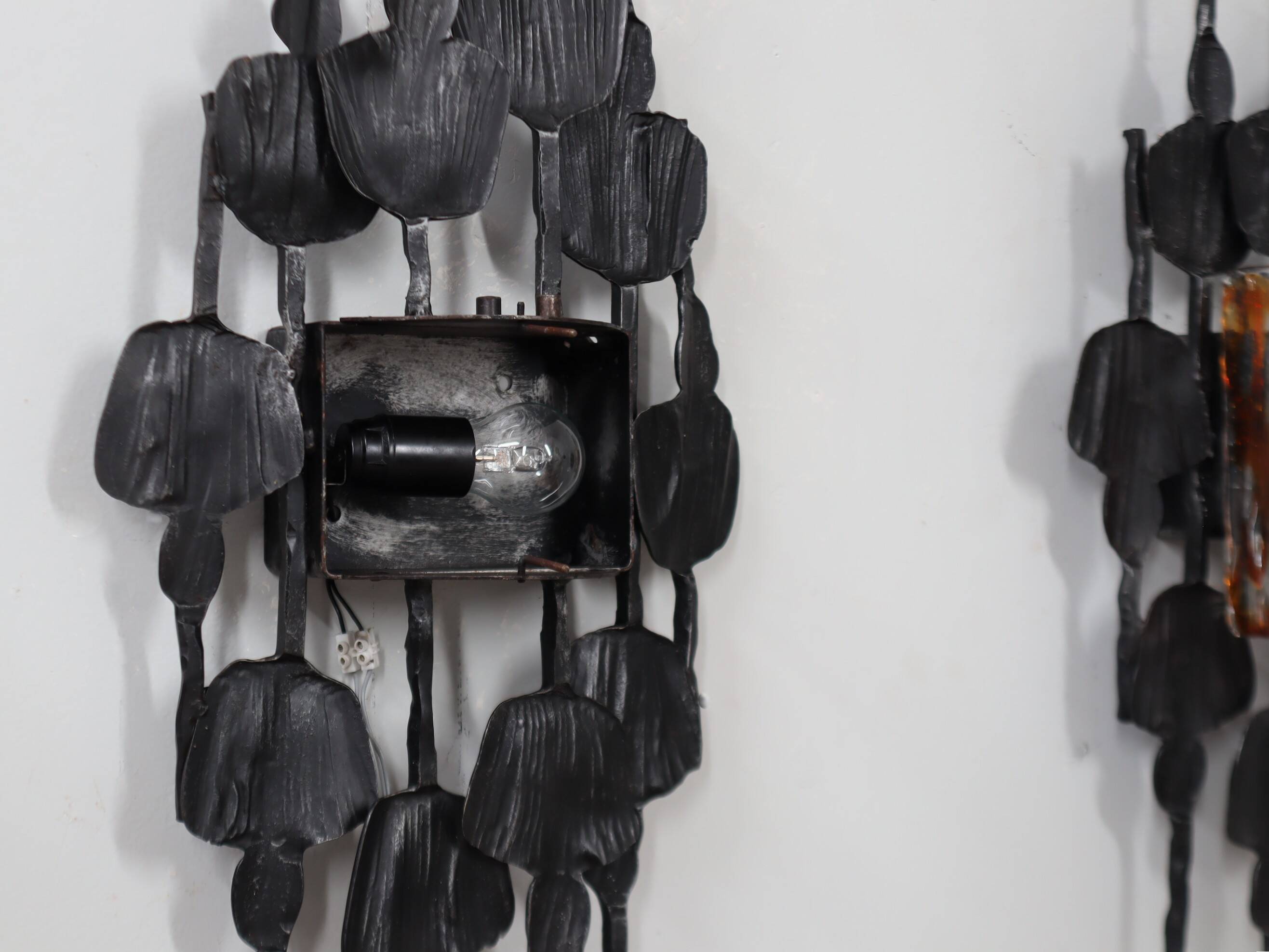 Set of 3 Brutalist Murano glass strips sconces / wall lamps Italy 1970s
