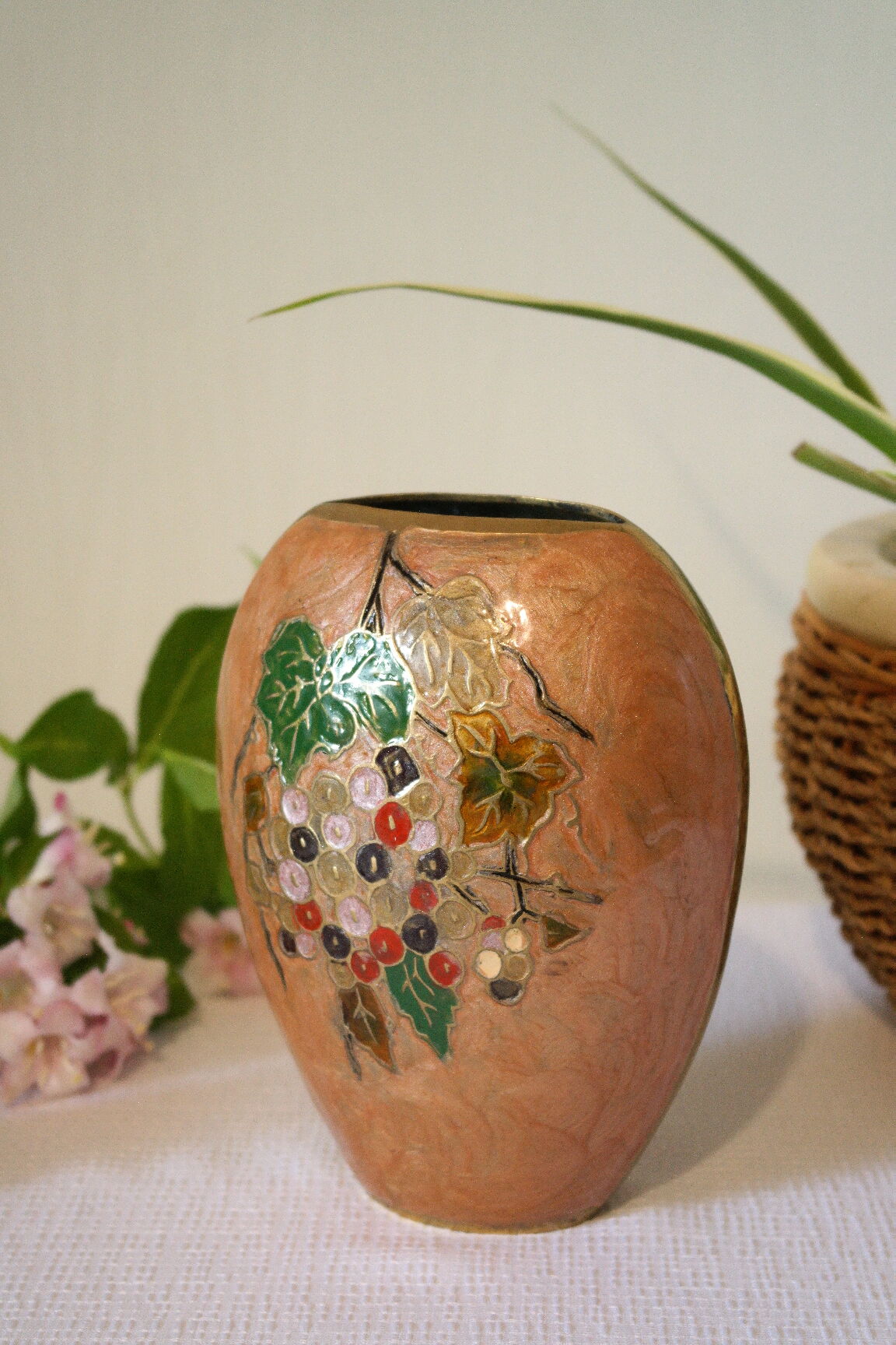 Vintage enamelled polychrome brass vase