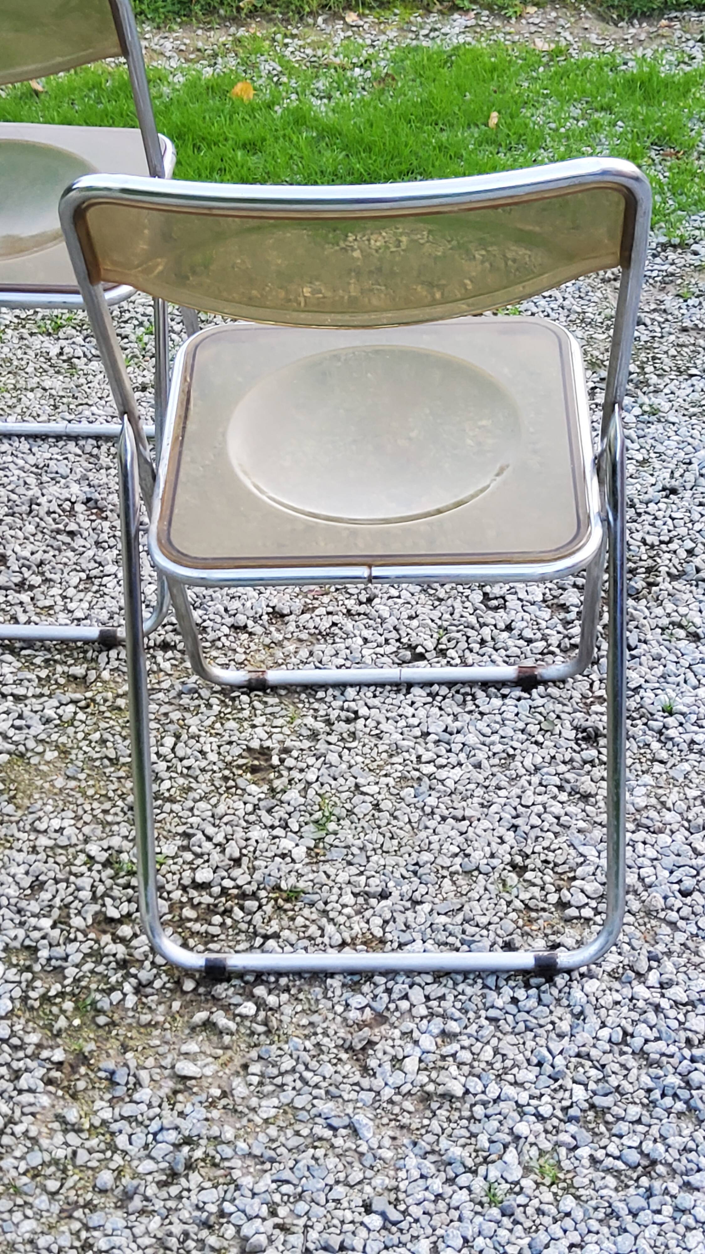Set of 4 70s design folding chairs in smoked plexiglass and chrome metal