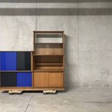 Asymmetrical golden oak display case bookcase Oscar vintage furniture from the 60s