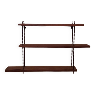 Vintage asymmetrical wall shelf in solid oak and metal from the 60s