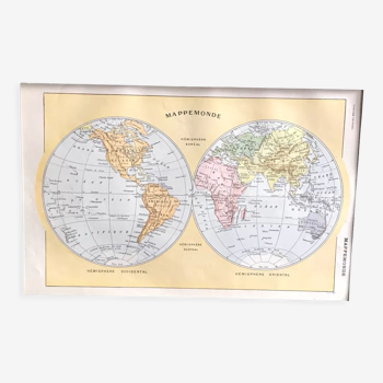 Planche mappemonde vintage originale