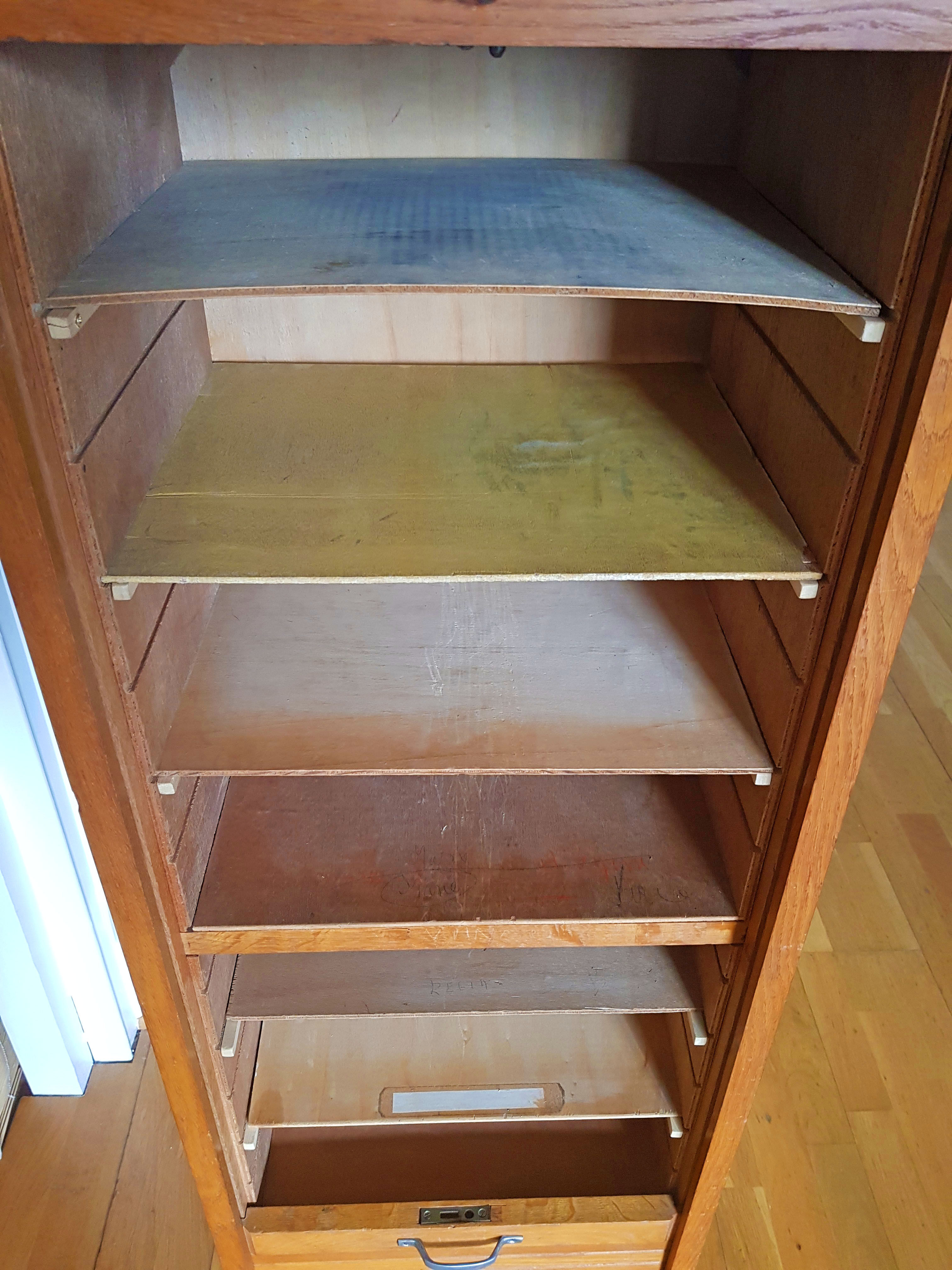 Rolling curtain filing cabinet in vintage oak