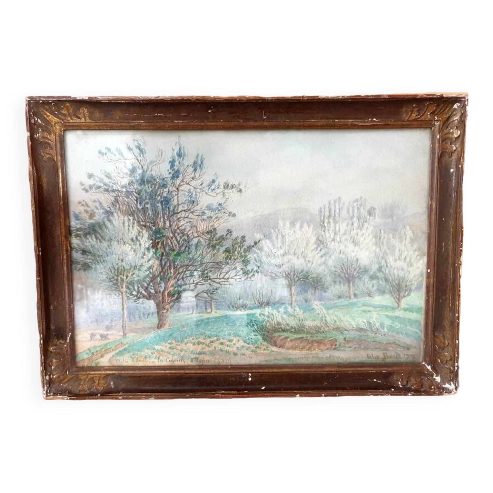 Dessin Ancien Félix Brard – Soir Au Bord De La Cure (Yonne) – Aquarelle Originale Signée
