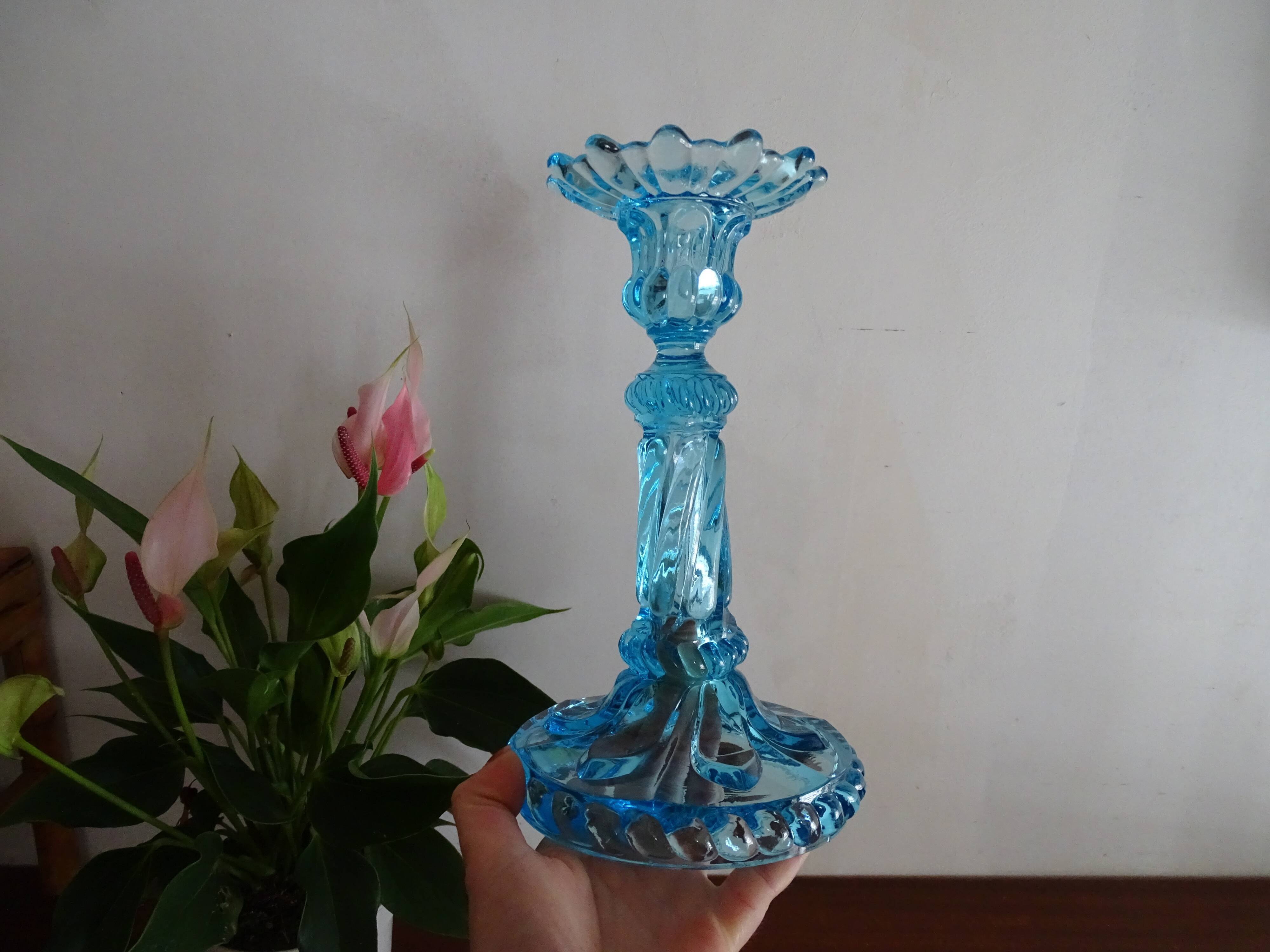 Candleholder Door blue molded glass signed
