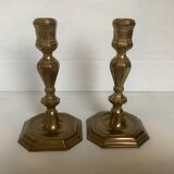 Pair of old brass polygon candlesticks
