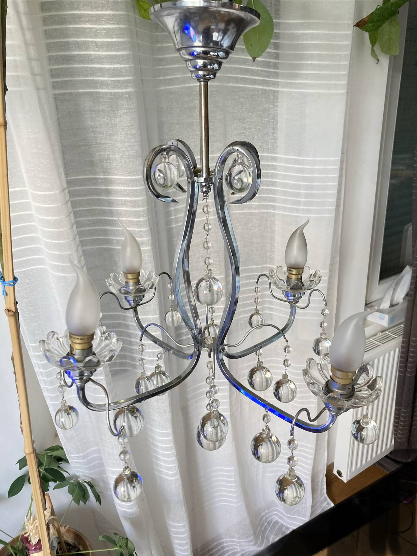 Art Deco chandelier from the early 20th century in chrome brass, with glass pendants.