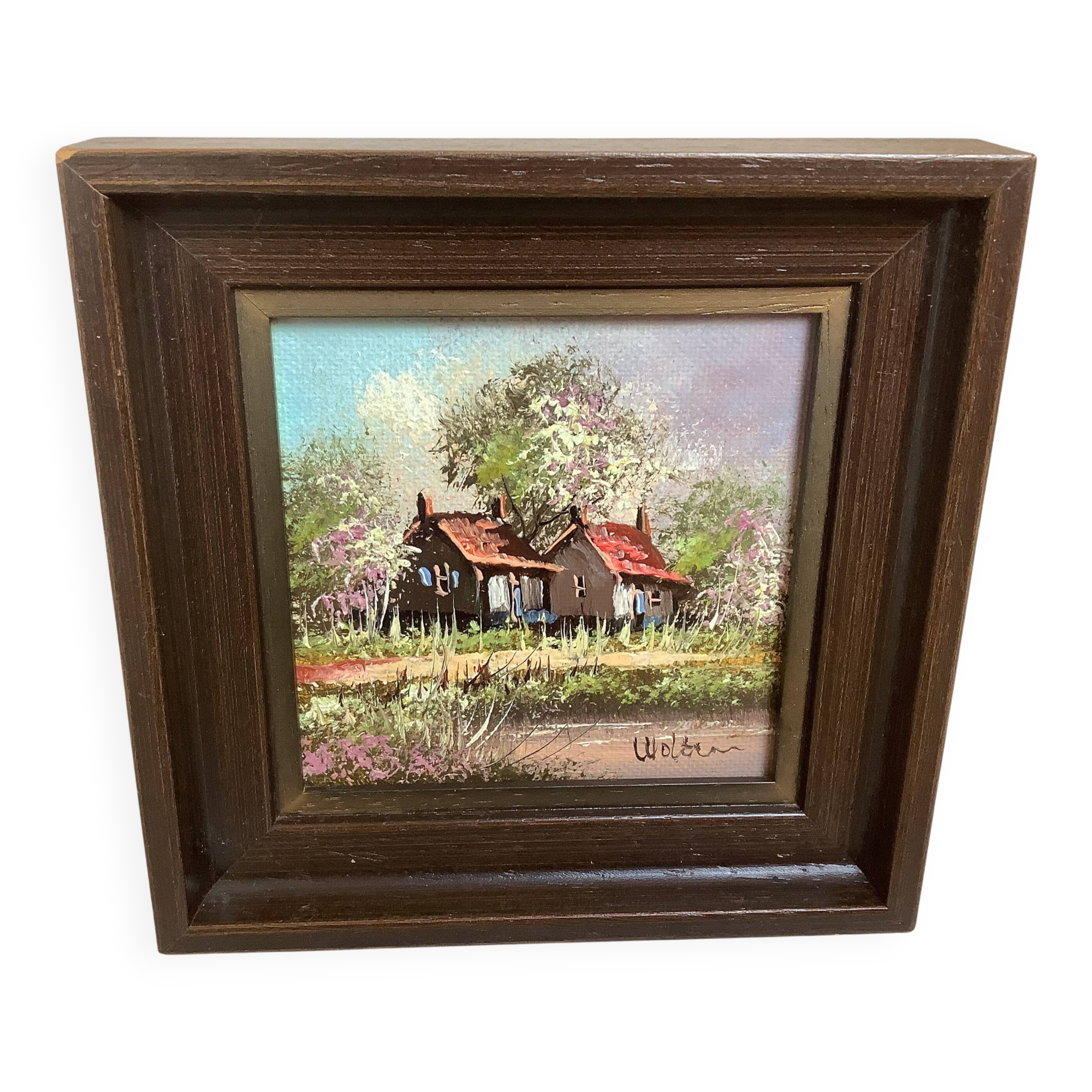 Small spring landscape painting in oil on isorel, signed.