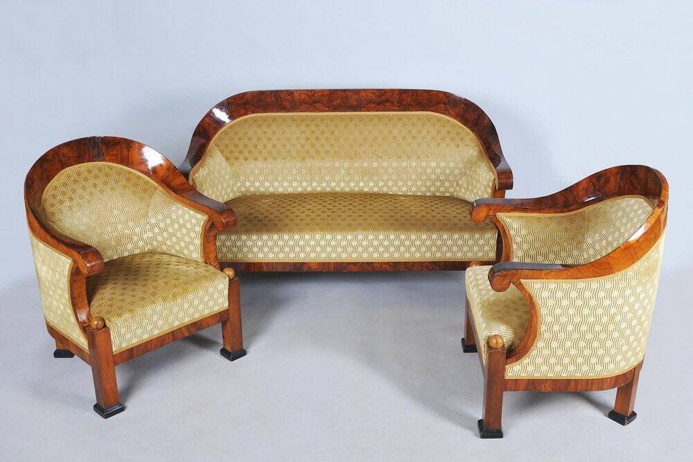 Empire Upholstered and Inlaid Walnut Living Room Set, Austria, 1810s, Set of 3
