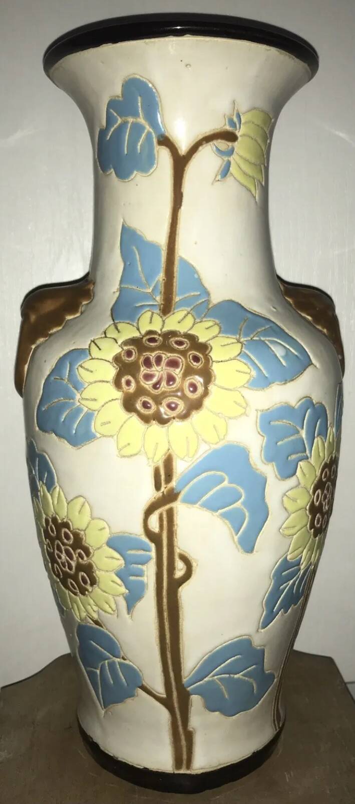 Glazed ceramic vase with polychrome decoration of sunflower flowers 36 cm