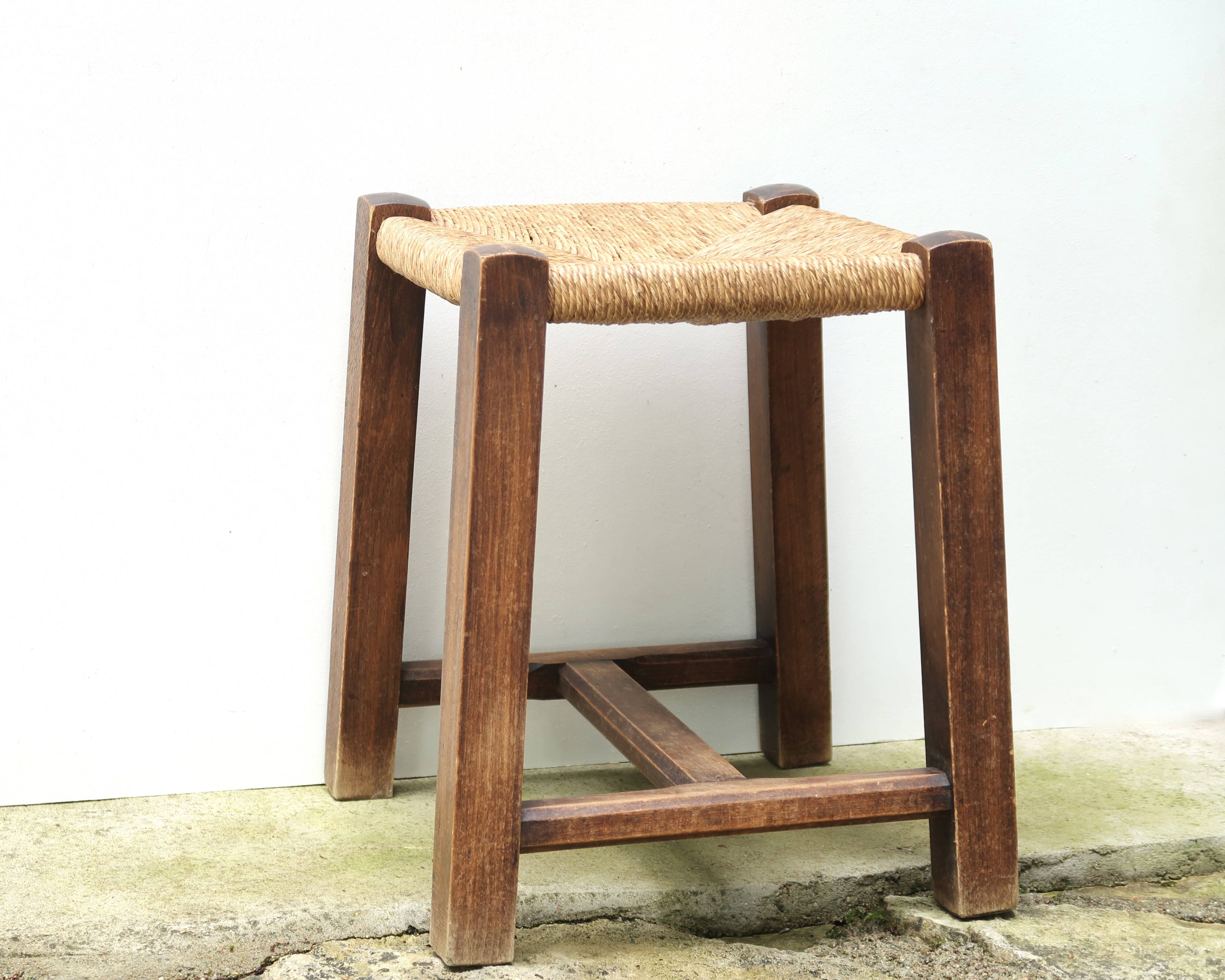Wooden stool with straw seat, 1970s