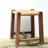 Wooden stool with straw seat, 1970s
