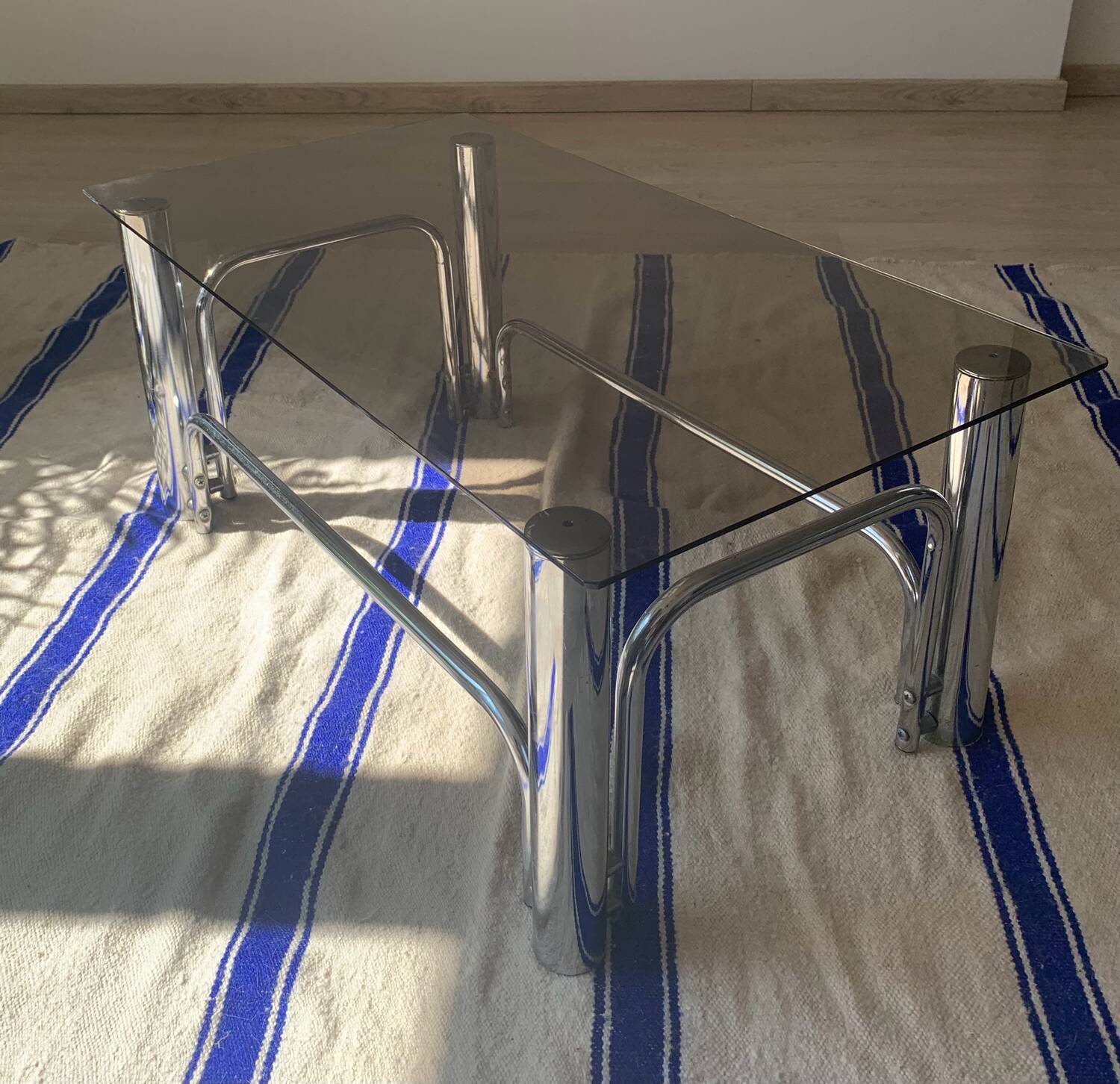 70s glass and chrome metal coffee table
