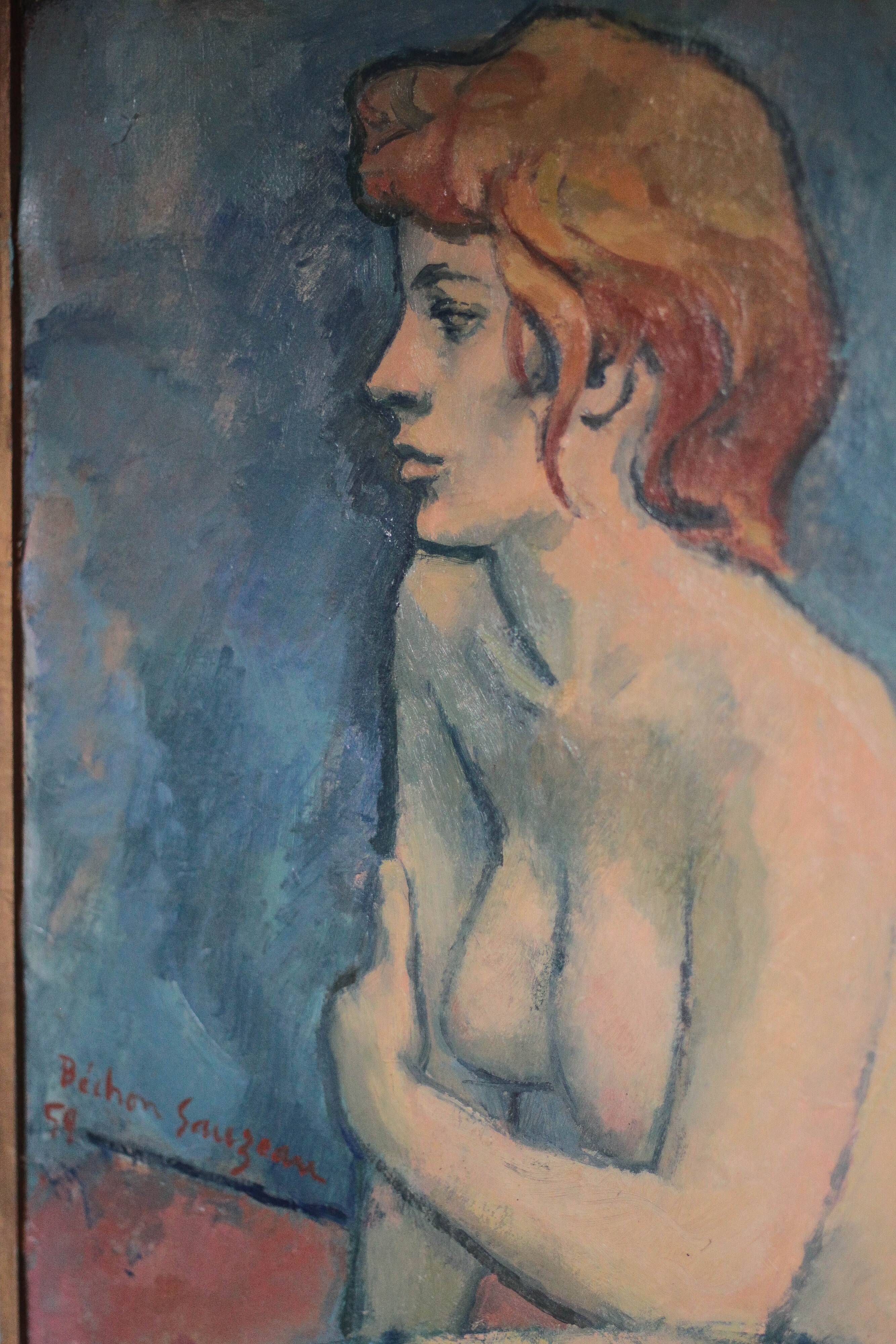 Painting signed Béchon-Sauzeau, painting of a nude woman, oil on canvas