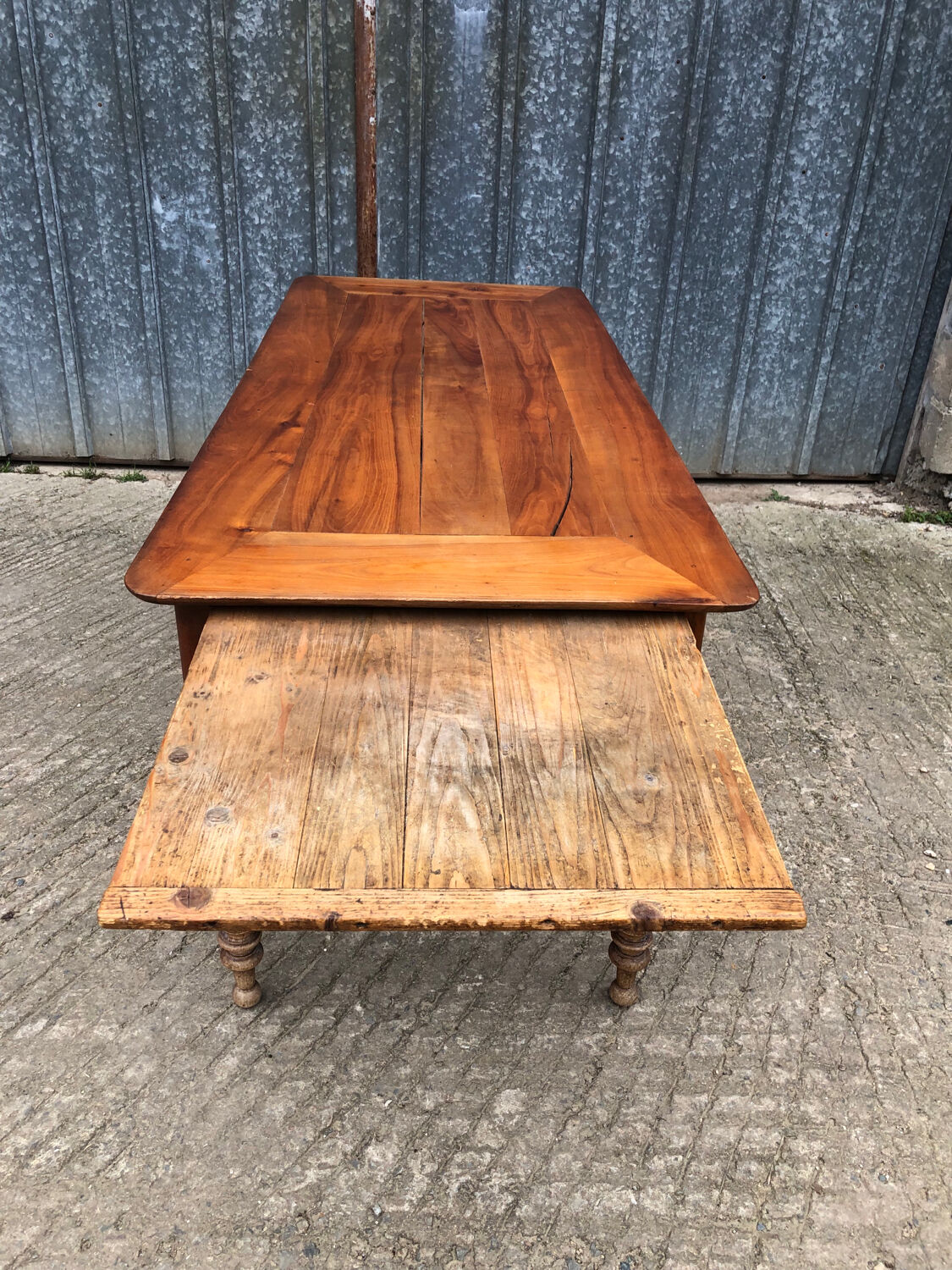 Antique Louis Philippe table in solid cherry and oak with 3 drawers