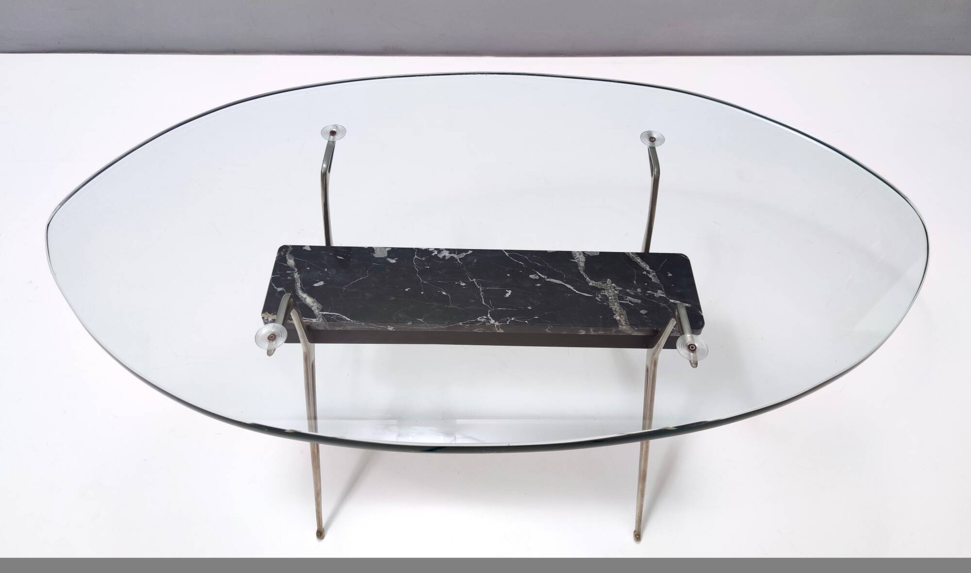 Vintage Oval Glass Coffee Table with Portoro Marble and Iron Base, Italy