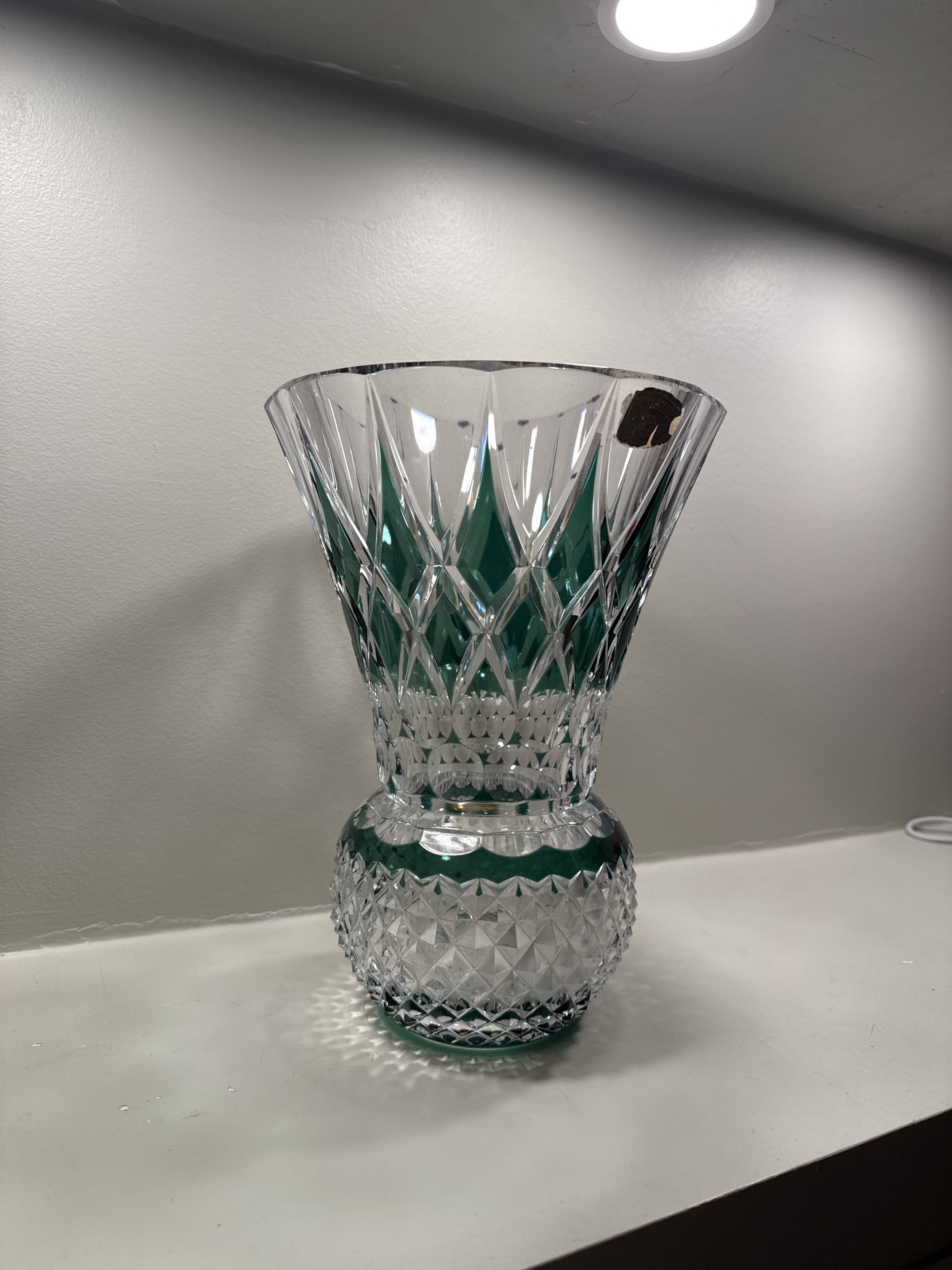 Val Saint-Lambert "Pineapple" vase in double-layered and cut green crystal. Height: