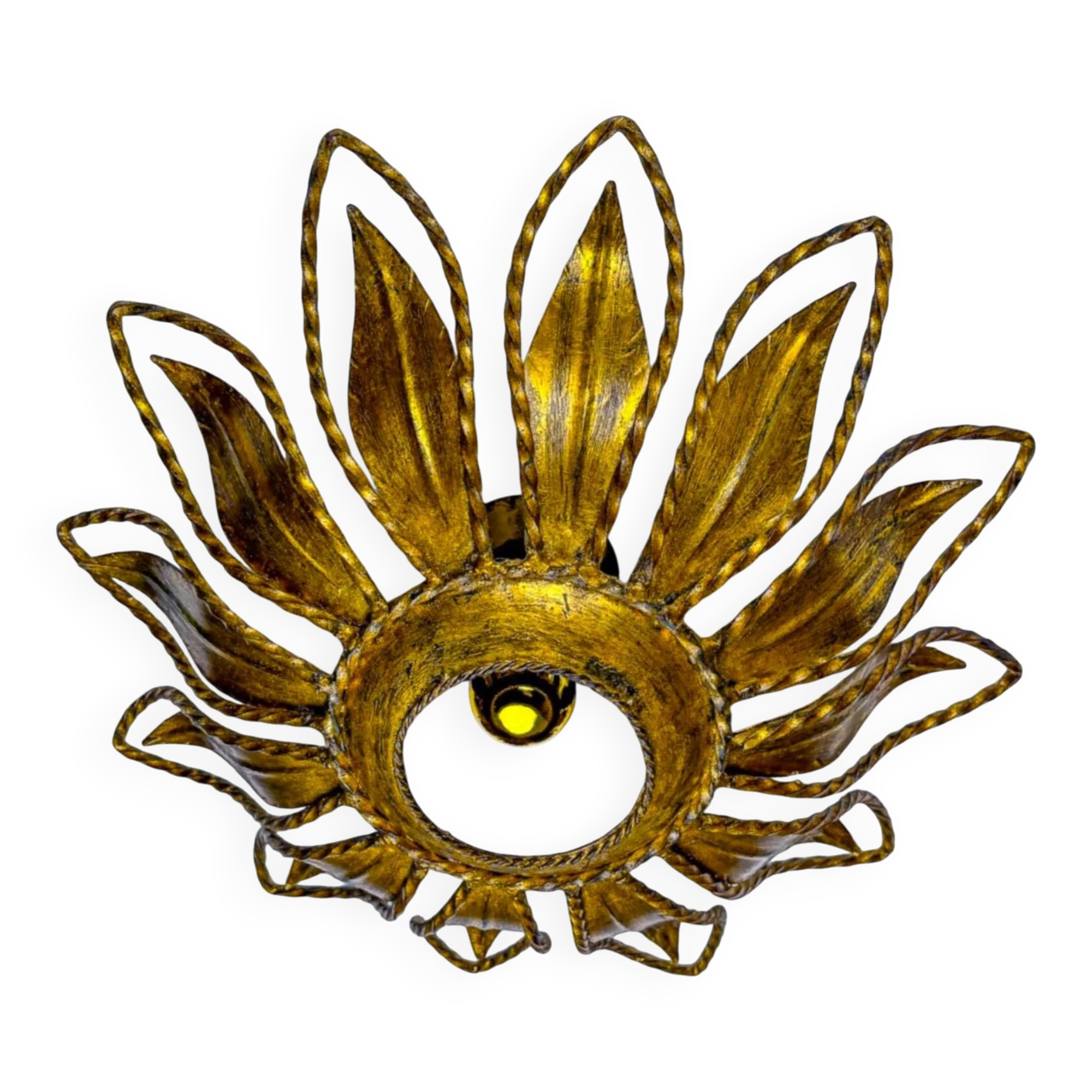 Sunburst ceiling light fixture or sconce, gilt iron & exposed bulb France, 1970s