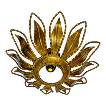 Sunburst ceiling light fixture or sconce, gilt iron & exposed bulb France, 1970s