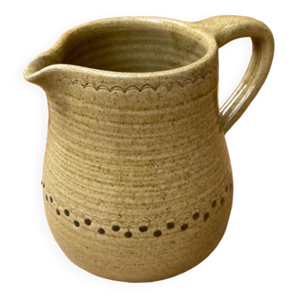 Antique Beige Glazed Stoneware Pitcher with Vintage Chiseled Decor