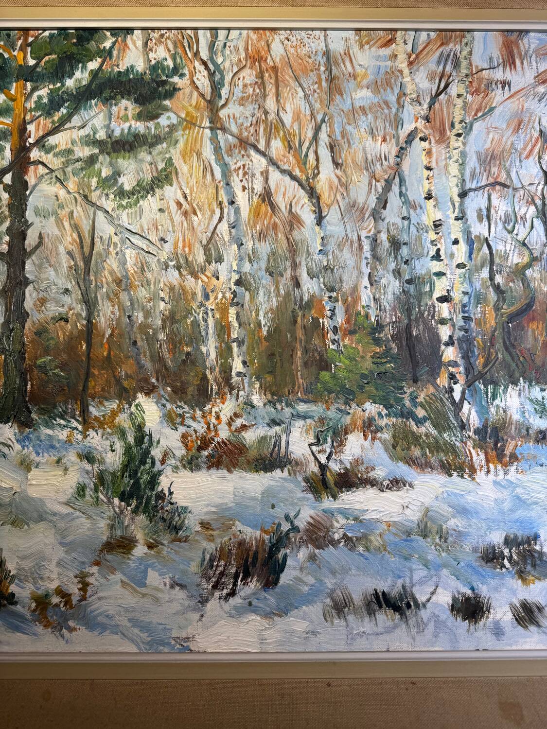 Antique painting, landscape under the snow, signed Fallet 1967