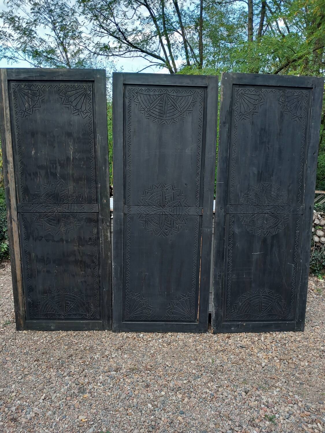 3 large carved wooden panels/doors