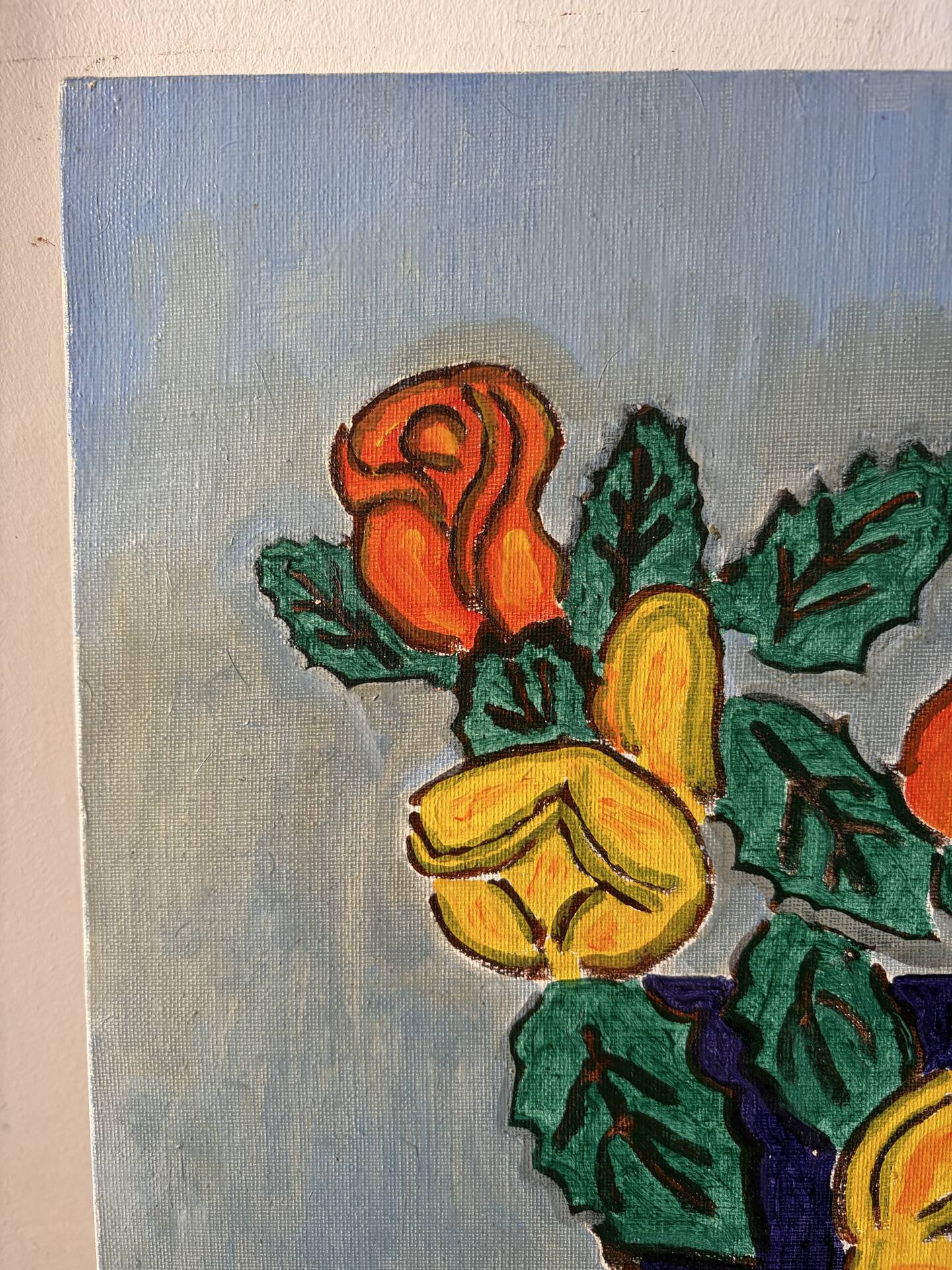 Blue bowl with flowers, oil on canvas signed 1982
