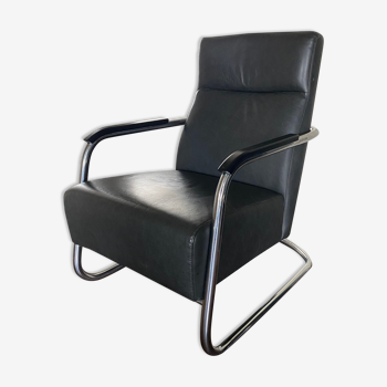 Fauteuil vintage en cuir et acier tubulaire, années 1980