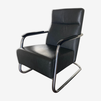 Vintage leather and tubular steel lounge chair, 1980s