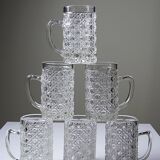 6 petites chopes et plateau vintages/anciennes en verre pressé style art déco