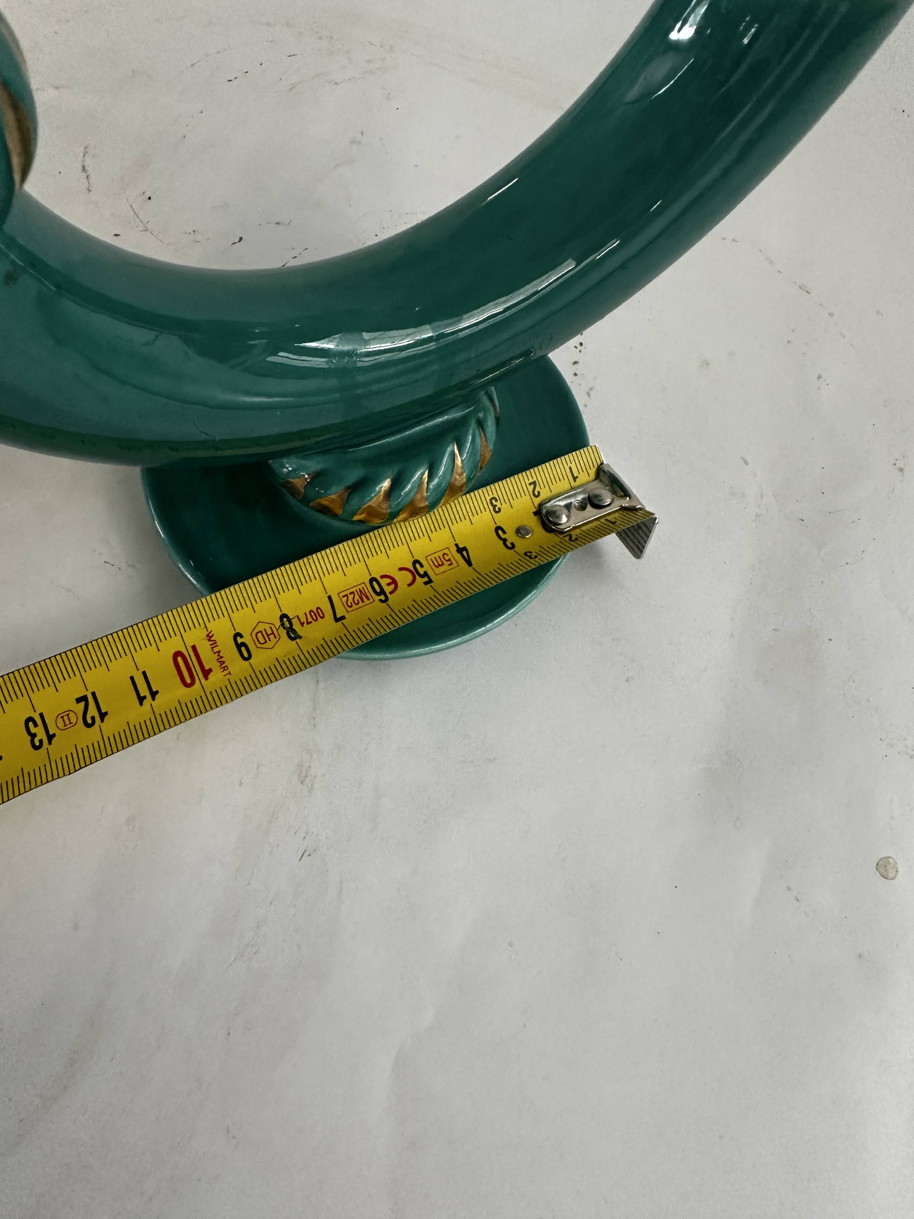 Art Deco candlestick in green and gold glazed ceramic, attributed to Vallauris
