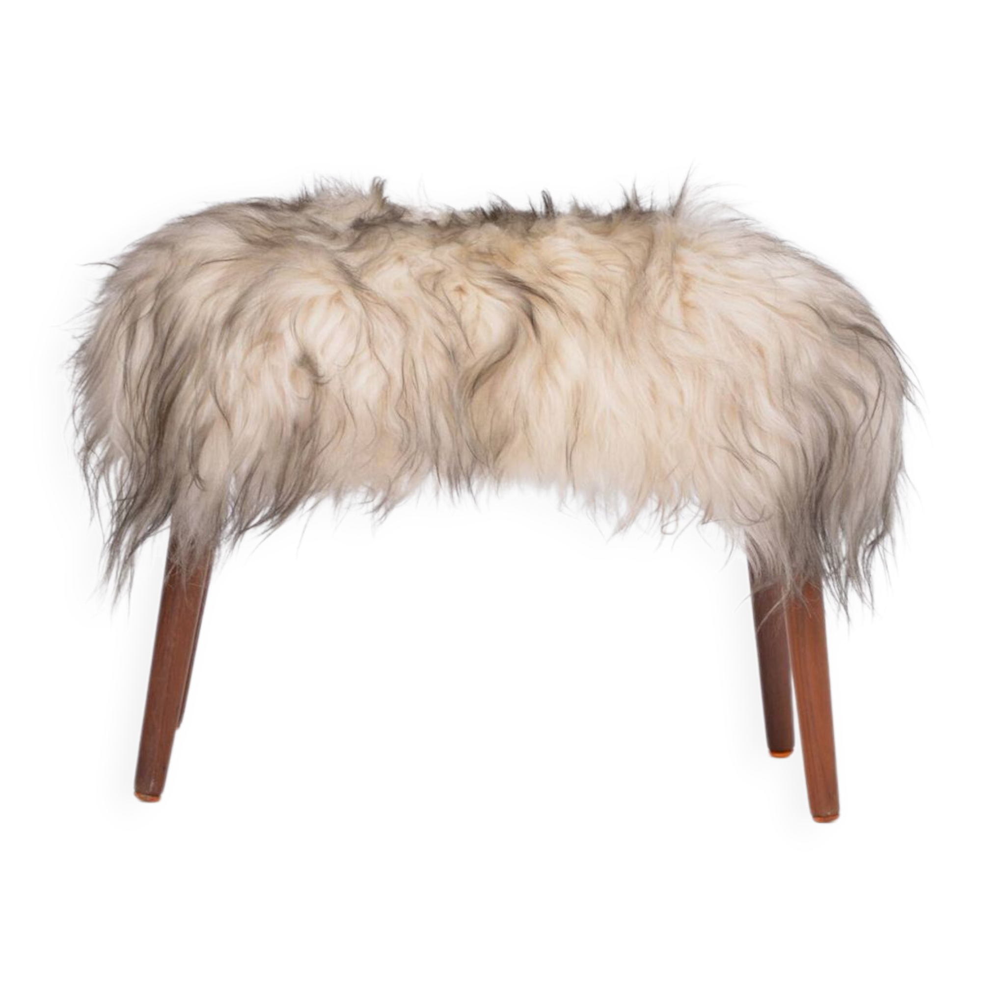 Danish Mid-century Modern stool reupholstered in white and black sheep skin