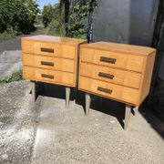 Pair of mid-century blonde lacquered bedside tables with metal legs, 1950s - set of 2