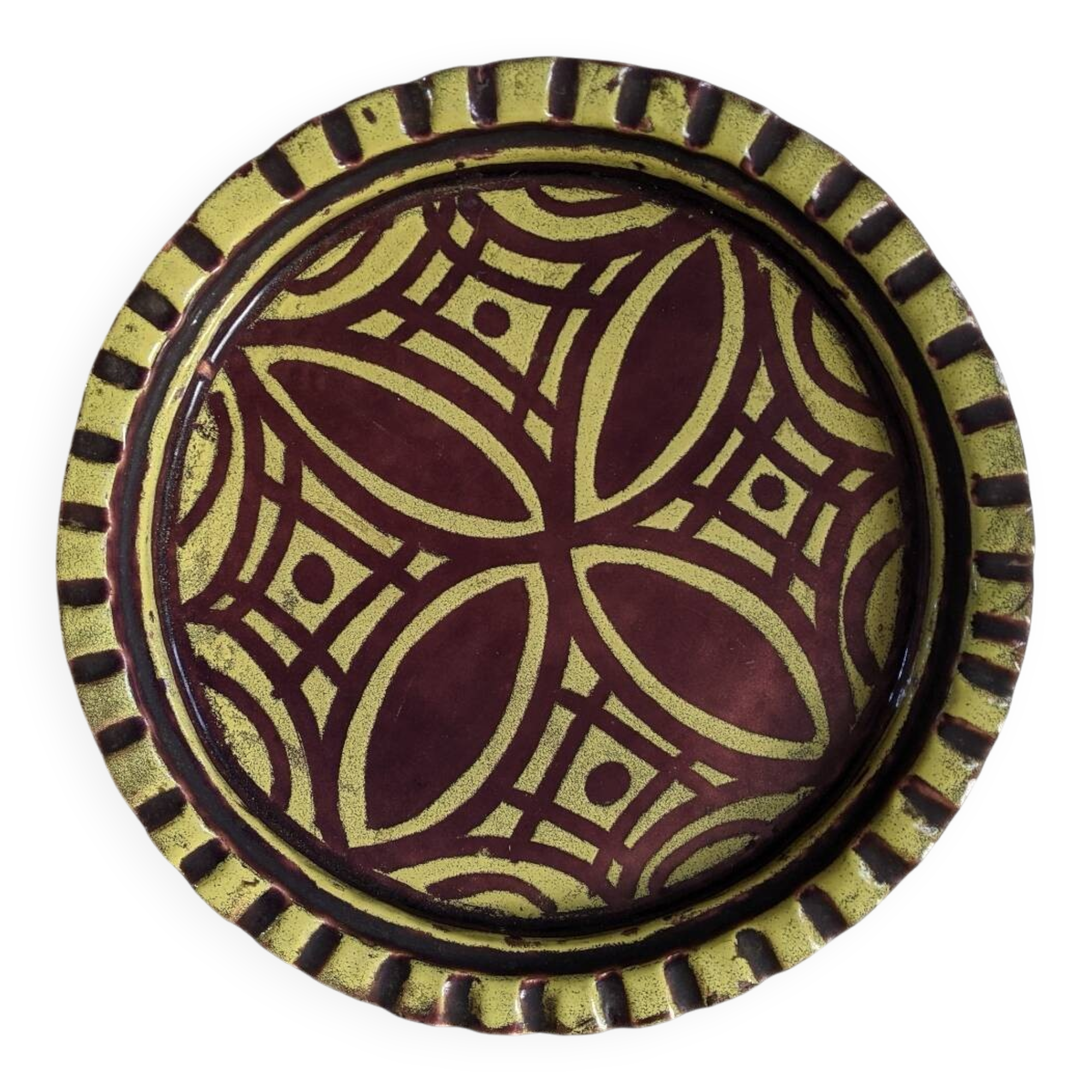 Extra-large enameled copper tray or catchall with ethnic tribal decoration.