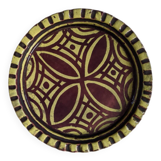 Extra-large enameled copper tray or catchall with ethnic tribal decoration.