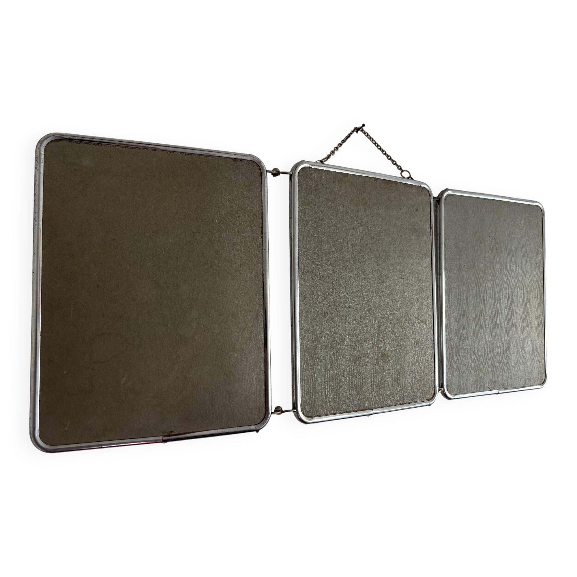 Miroir vintage 1960 triptyque barbier argenté Arpin - 28 x 70 cm