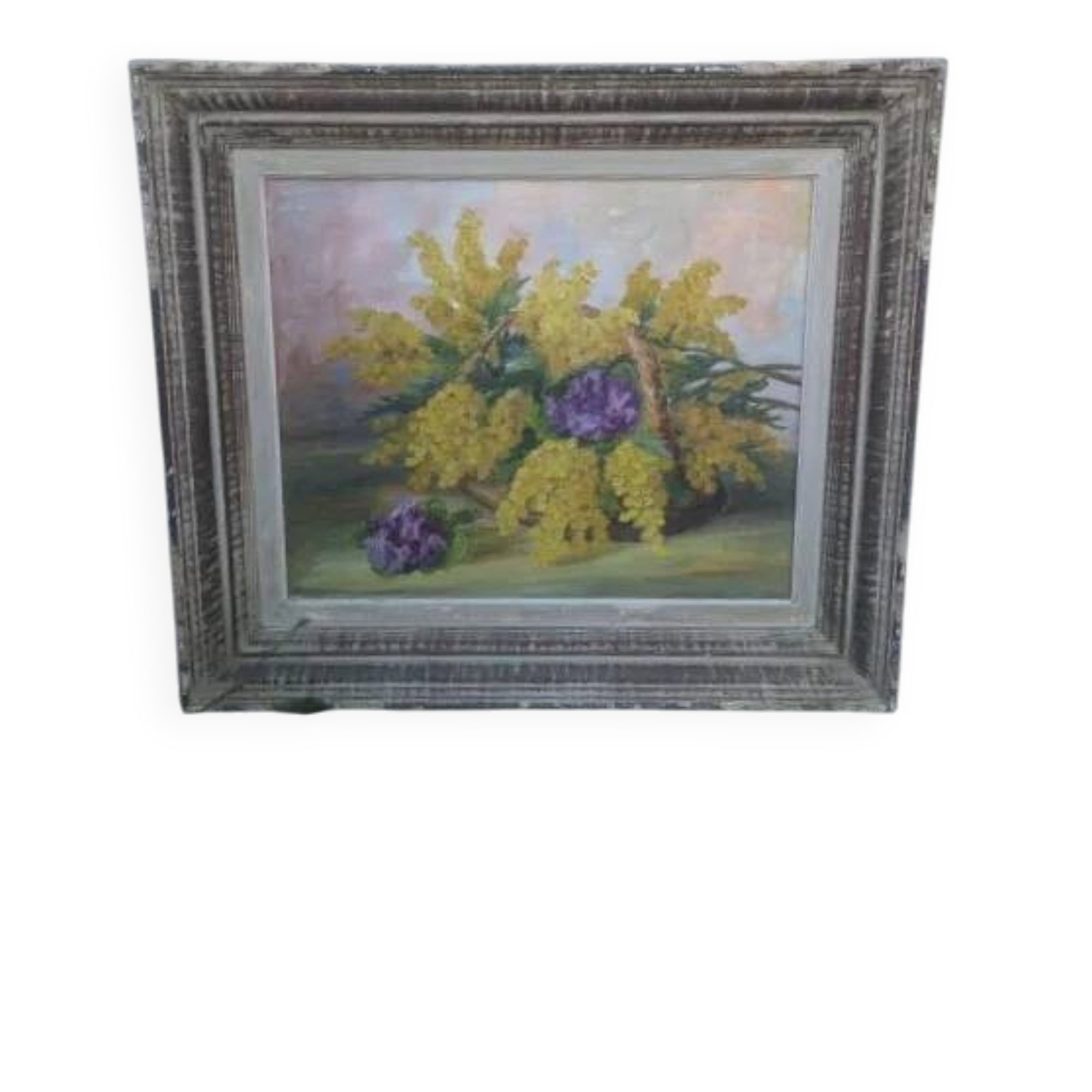 Tableau ancien, mimosa et violettes