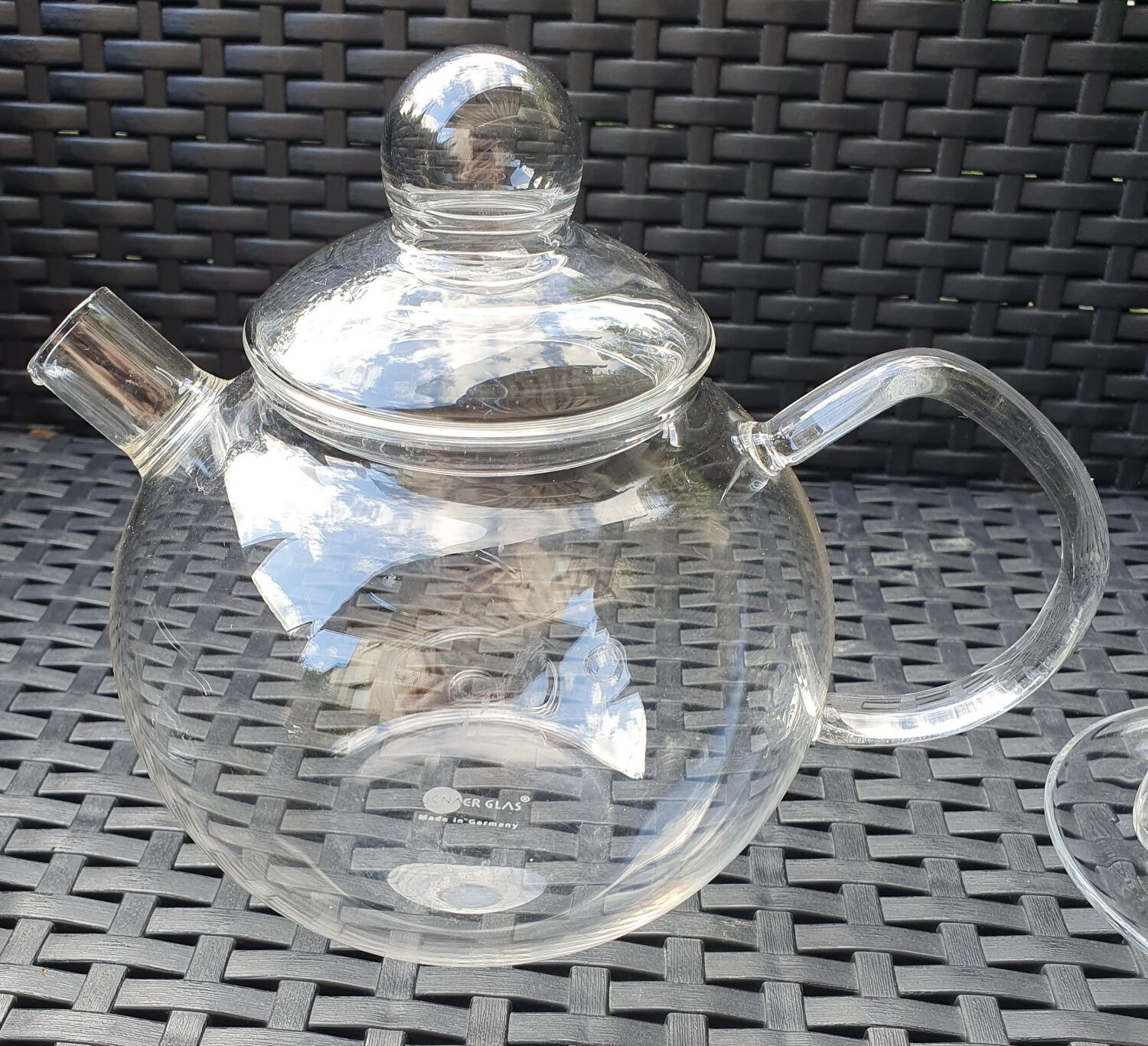 tea set: glass teapot + 4 cups + 4 saucers jeaner glas vintage